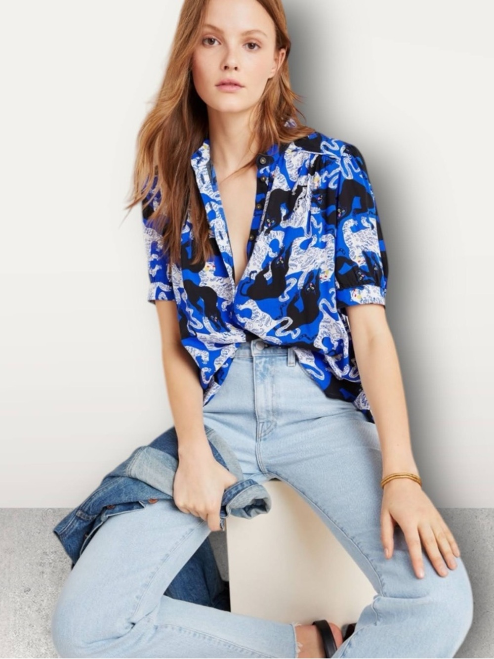 NWT Anthropologie Emily Isabella Robina Panther Printed Blouse Small Petite SP